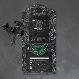 Gothic Black Green Filigree Moth Dinner Wedding All In One Invitation