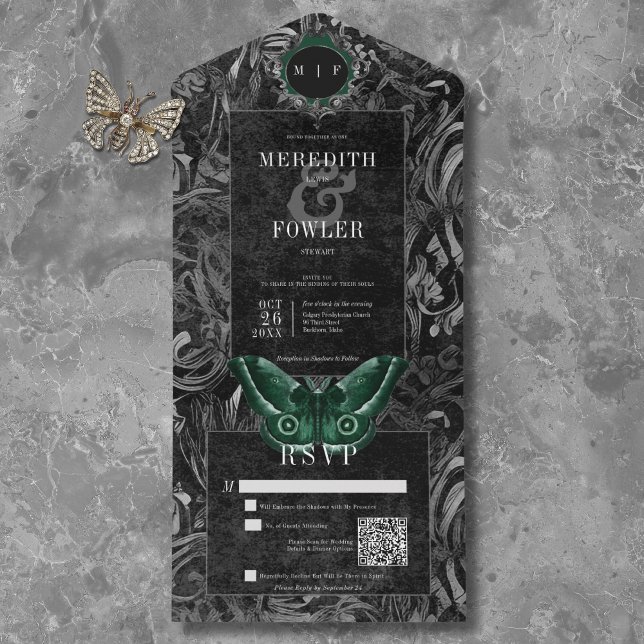 Gothic Black Green Filigree Moth QR Code Wedding All In One Invitation (Gothic Black Green Filigree Moth QR Code Wedding All In One Invitation)