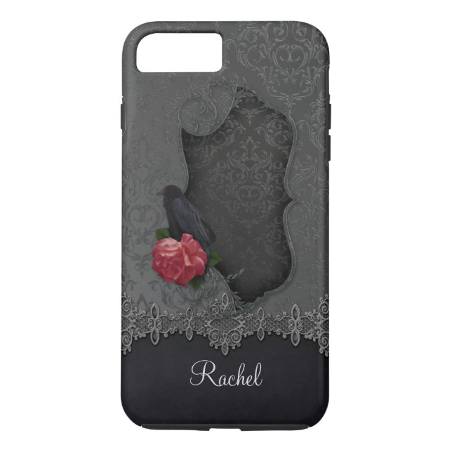 Gothic Black Grey Damask Lace Black Raven Red Rose Case-Mate iPhone Case (Back)
