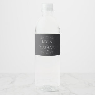 Gothic, Black & Grey Damask Water Bottle Label