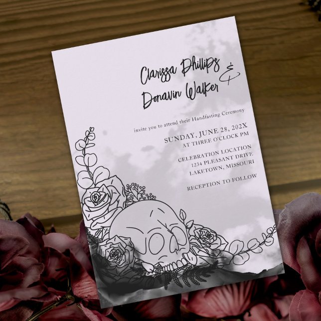 Gothic Black & Lavender Skull Roses Handfasting Invitation (Creator Uploaded)