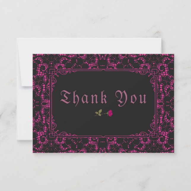 Gothic Black Magenta Lace Rose Thank You Card (Front)