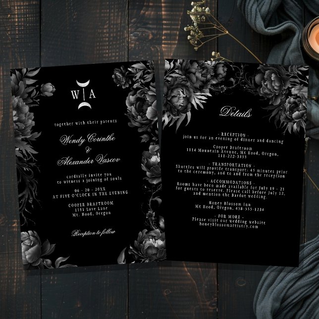 Gothic Black Monogram Moon Crest Wedding Details Invitation (Creator Uploaded)