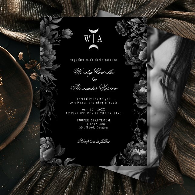 Gothic Black Monogram Moon Crest Wedding Photo Invitation (Creator Uploaded)