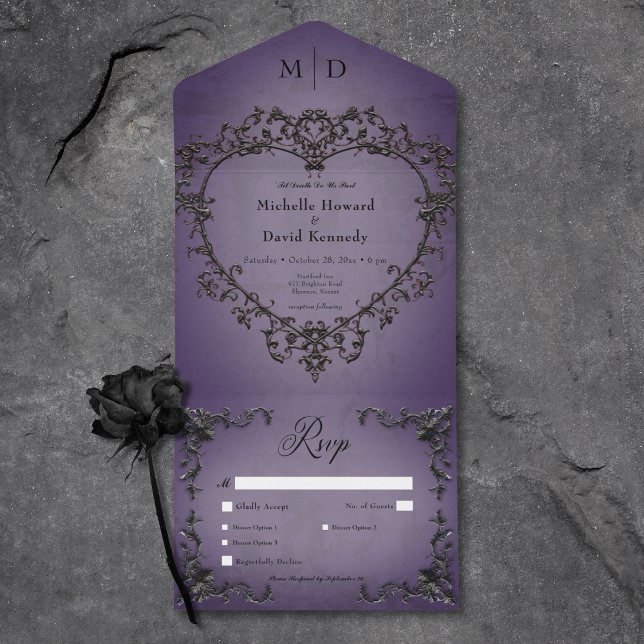 Gothic Black & Purple Filigree Heart Dinner All In One Invitation (Gothic Black & Purple Filigree Heart Dinner All In One Invitation)