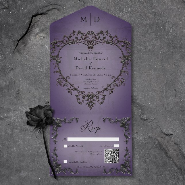 Gothic Black & Purple Filigree Heart QR Code All In One Invitation (Gothic Black & Purple Filigree Heart QR Code All In One Invitation)