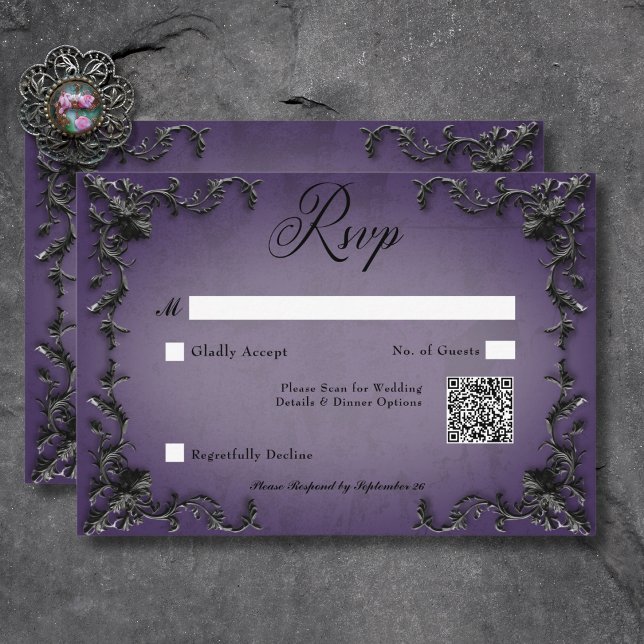 Gothic Black & Purple Filigree Heart QR Code RSVP Card (Gothic Black & Purple Filigree Heart QR Code RSVP Card)