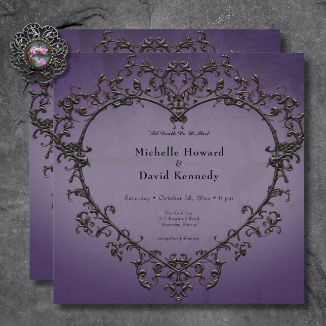Gothic Black & Purple Filigree Heart Wedding Invitation (Gothic Black & Purple Filigree Heart Wedding Invitation)