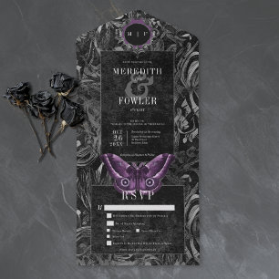 Gothic Black Purple Filigree Moth Dinner Wedding All In One Invitation