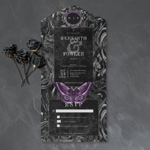 Gothic Black Purple Filigree Moth No Dinner All In One Invitation