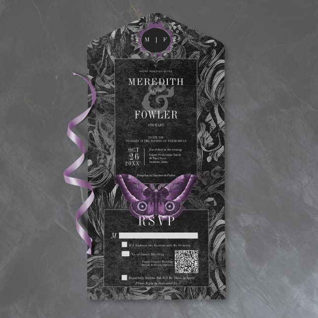 Gothic Black Purple Filigree Moth QR Code All In One Invitation (Creator Uploaded)