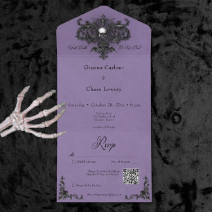 Gothic Black & Purple Halloween Filigree QR Code All In One Invitation