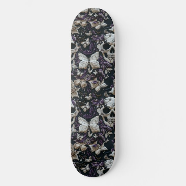 Gothic Black Purple Skulls and Moths Skateboard (Front)