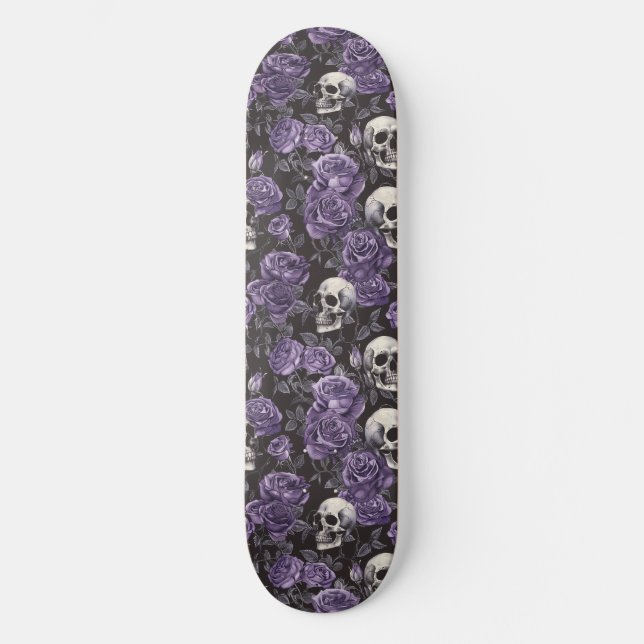 Gothic Black Purple Skulls and Roses Skateboard (Front)