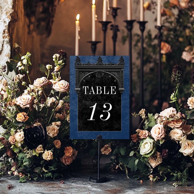 Gothic Black Raven & Black Arch Blue Wedding Table Number (Creator Uploaded)