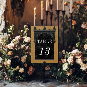 Gothic Black Raven & Black Arch Gold Wedding Table Number