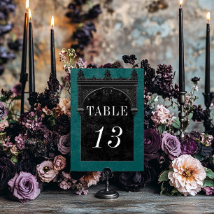 Gothic Black Raven & Black Arch Teal Wedding Table Number