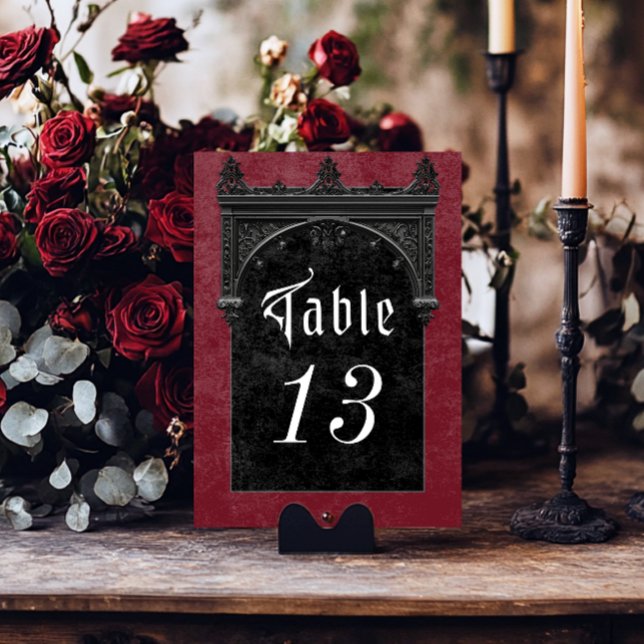 Gothic Black Raven & Black Arch Wine Wedding Table Number (Gothic Black Raven & Black Arch Wine Wedding Table Number)