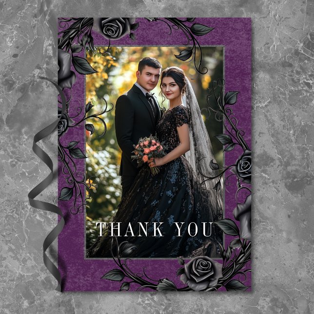 Gothic Black Raven Black Rose Purple Photo Wedding Thank You Card (Gothic Black Raven Black Rose Purple Photo Wedding Thank You Card)