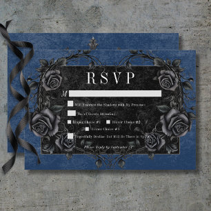 Gothic Black Raven & Black Roses Blue Dinner RSVP Card