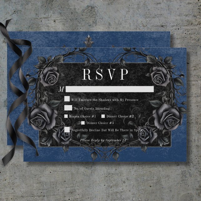 Gothic Black Raven & Black Roses Blue Dinner RSVP Card (Gothic Black Raven & Black Roses Blue Dinner RSVP Card)