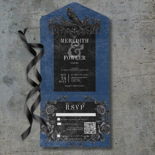 Gothic Black Raven & Black Roses Blue QR Code All In One Invitation