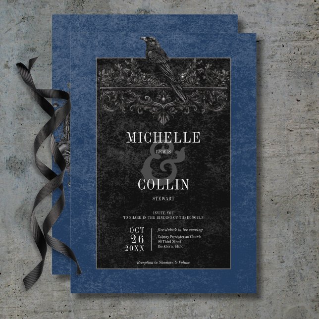Gothic Black Raven & Black Roses Blue Wedding Invitation (Gothic Black Raven & Black Roses Blue Wedding Invitation)