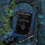 Gothic Black Raven & Black Roses Blue Wedding Program<br><div class="desc">Transport your guests to a world of dark, enchanting elegance with our vintage gothic wedding program card. The deep, aged royal blue background and black roses sets the stage for a striking contrast, as bold white text emerges from intricate black text boxes, which adds a touch of dramatic allure. Unleash...</div>