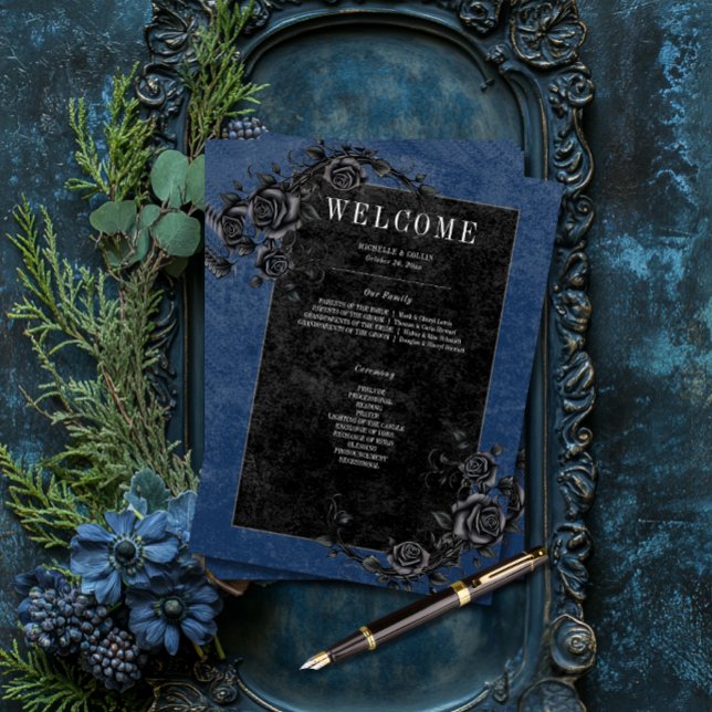 Gothic Black Raven & Black Roses Blue Wedding Program (Creator Uploaded)