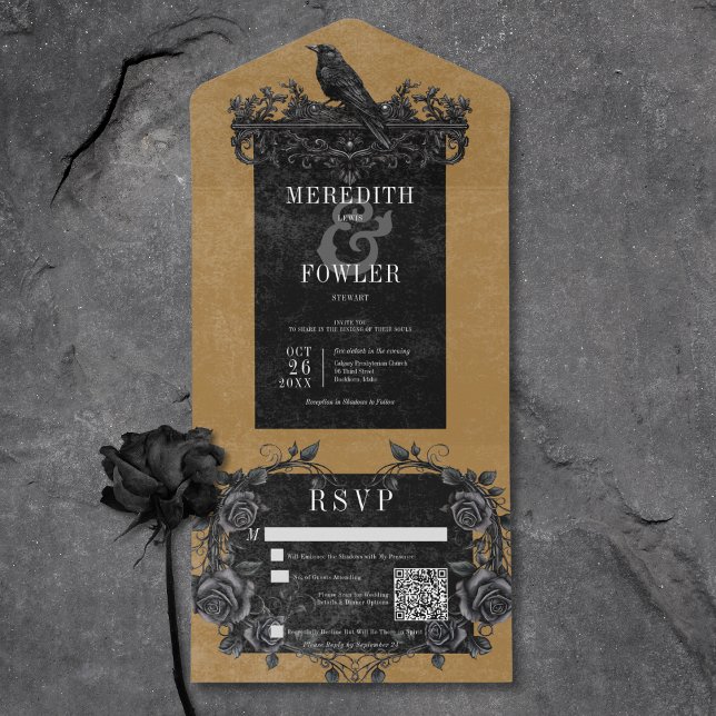 Gothic Black Raven & Black Roses Gold QR Code All In One Invitation (Gothic Black Raven & Black Roses Gold QR Code All In One Invitation)