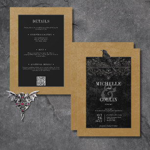 Gothic Black Raven & Black Roses Gold Two Sided Invitation