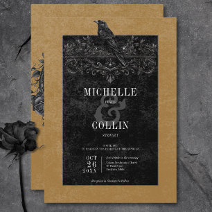 Gothic Black Raven & Black Roses Gold Wedding Invitation