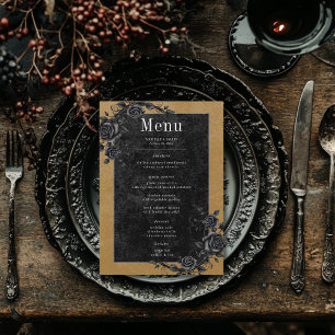 Gothic Black Raven & Black Roses Gold Wedding Menu