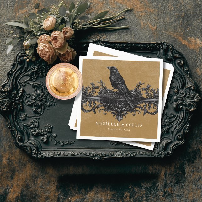 Gothic Black Raven & Black Roses Gold Wedding Napkin (Creator Uploaded)