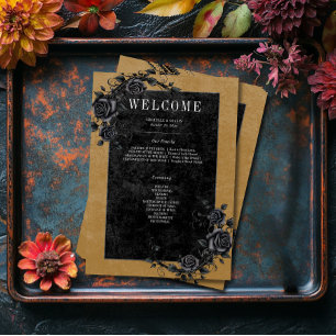 Gothic Black Raven & Black Roses Gold Wedding Program