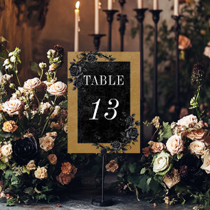 Gothic Black Raven & Black Roses Gold Wedding Table Number
