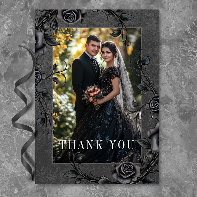 Gothic Black Raven & Black Roses Photo Wedding Thank You Card (Creator Uploaded)