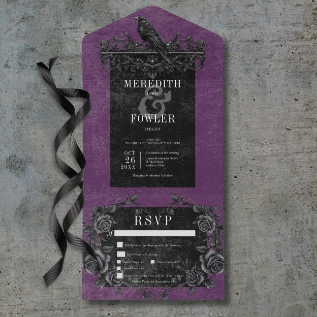 Gothic Black Raven & Black Roses Purple 3 Dinner All In One Invitation (Gothic Black Raven & Black Roses Purple 3 Dinner All In One Invitation)