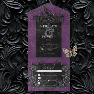 Gothic Black Raven & Black Roses Purple Dinner All In One Invitation