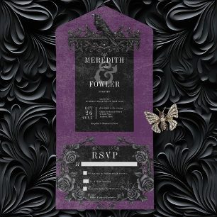 Gothic Black Raven & Black Roses Purple No Dinner All In One Invitation