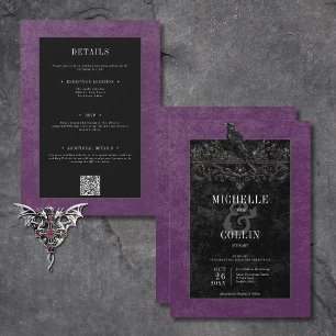 Gothic Black Raven & Black Roses Purple Two Sided Invitation