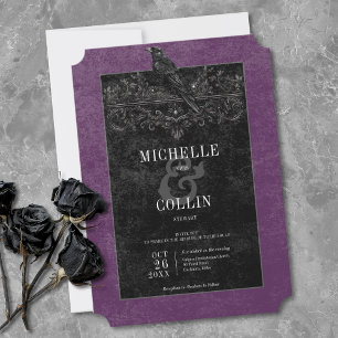 Gothic Black Raven & Black Roses Purple Wedding Invitation