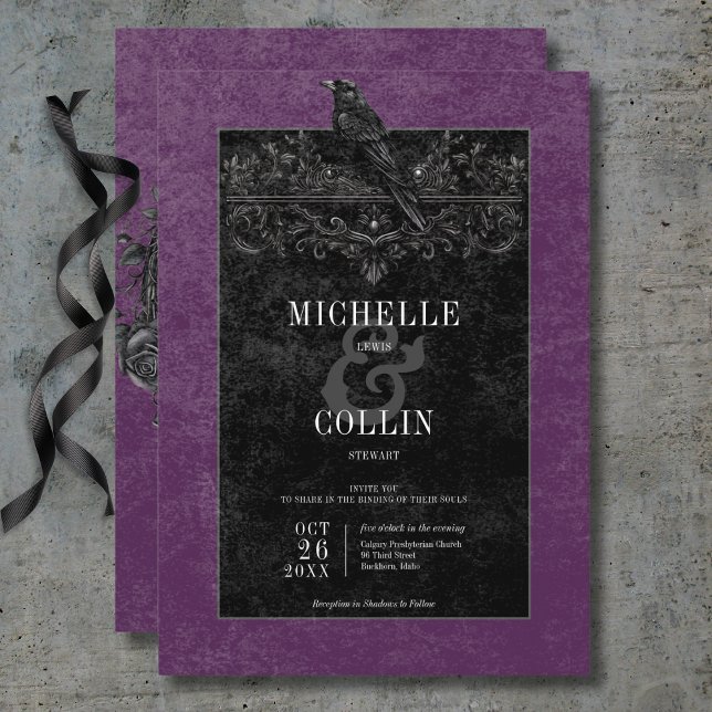 Gothic Black Raven & Black Roses Purple Wedding Invitation (Gothic Black Raven & Black Roses Purple Wedding Invitation)