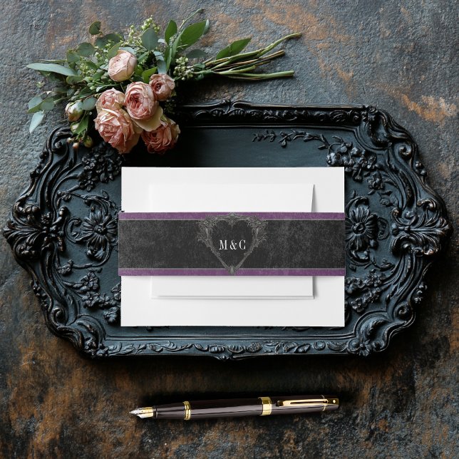 Gothic Black Raven & Black Roses Purple Wedding Invitation Belly Band (Creator Uploaded)