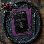 Gothic Black Raven & Black Roses Purple Wedding Program<br><div class="desc">Transport your guests to a world of dark, enchanting elegance with our vintage gothic wedding program card. The deep, aged royal purple wine background and black roses sets the stage for a striking contrast, as bold white text emerges from intricate black text boxes, which adds a touch of dramatic allure....</div>