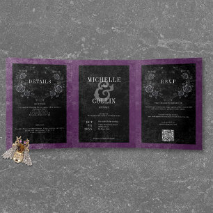 Gothic Black Raven & Black Roses Purple Wedding Tri-Fold Invitation