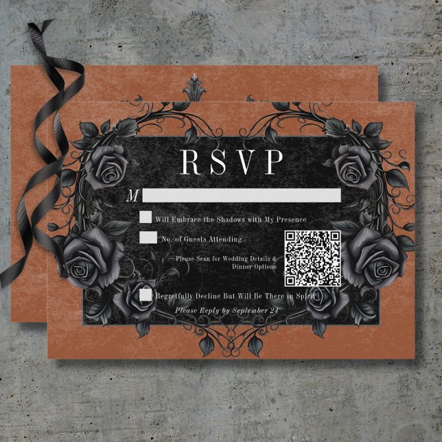Gothic Black Raven & Black Roses Rust QR Code RSVP Card (Gothic Black Raven & Black Roses Rust QR Code RSVP Card)
