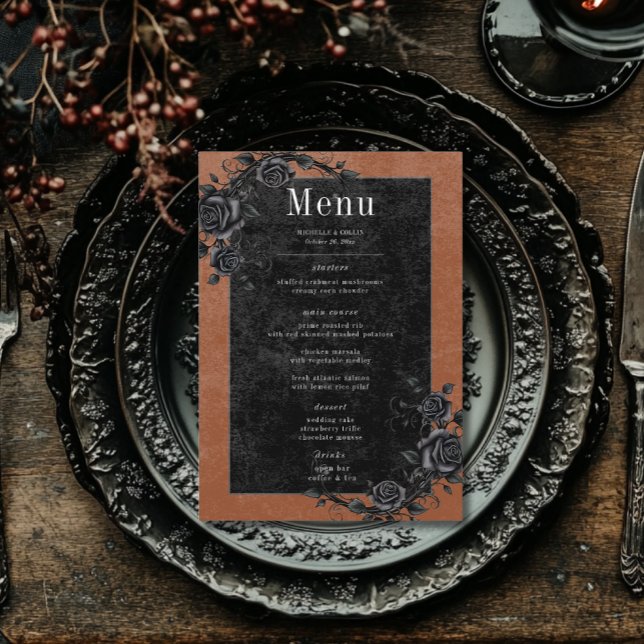 Gothic Black Raven & Black Roses Rust Wedding Menu (Creator Uploaded)