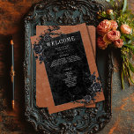 Gothic Black Raven & Black Roses Rust Wedding Program<br><div class="desc">Transport your guests to a world of dark, enchanting elegance with our vintage gothic wedding program card. The deep, aged burnt orange rust background and black roses sets the stage for a striking contrast, as bold white text emerges from intricate black text boxes, which adds a touch of dramatic allure....</div>