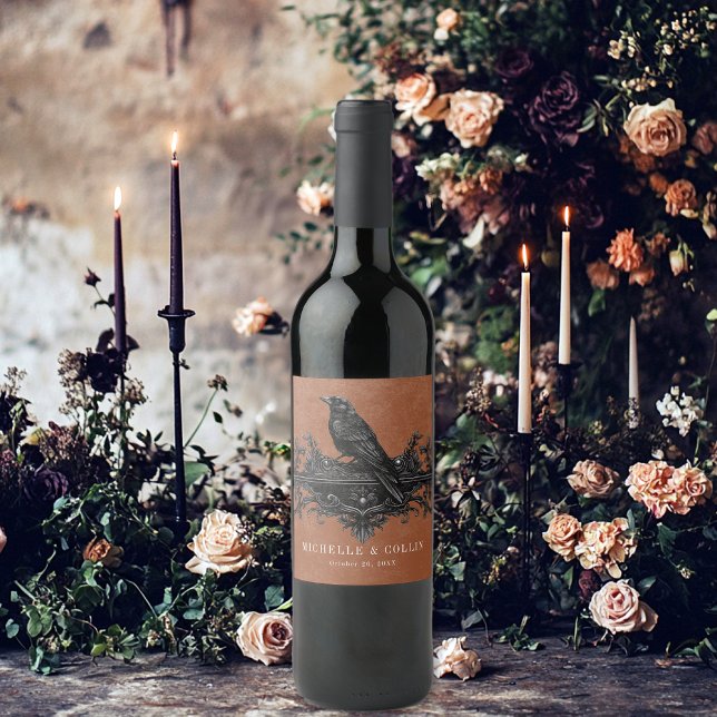 Gothic Black Raven & Black Roses Rust Wedding Wine Label (Creator Uploaded)